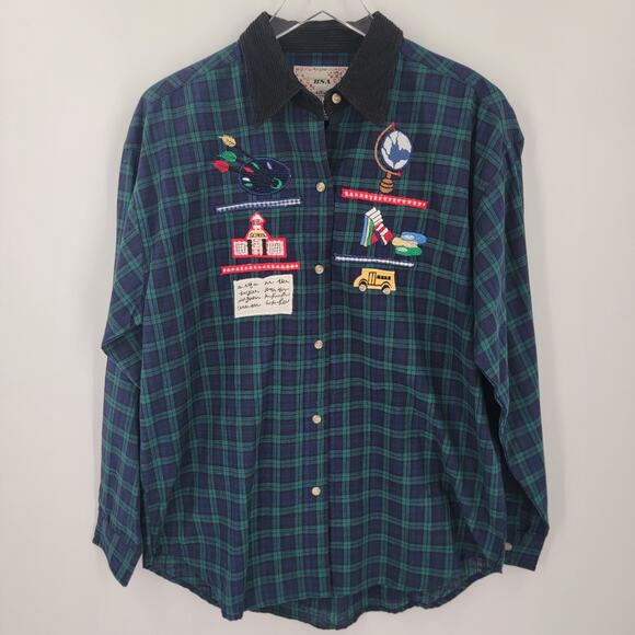 BSA Shirt Womens Large Plaid Blue Green Embroidered School Patches Teacher - Picture 5 of 12